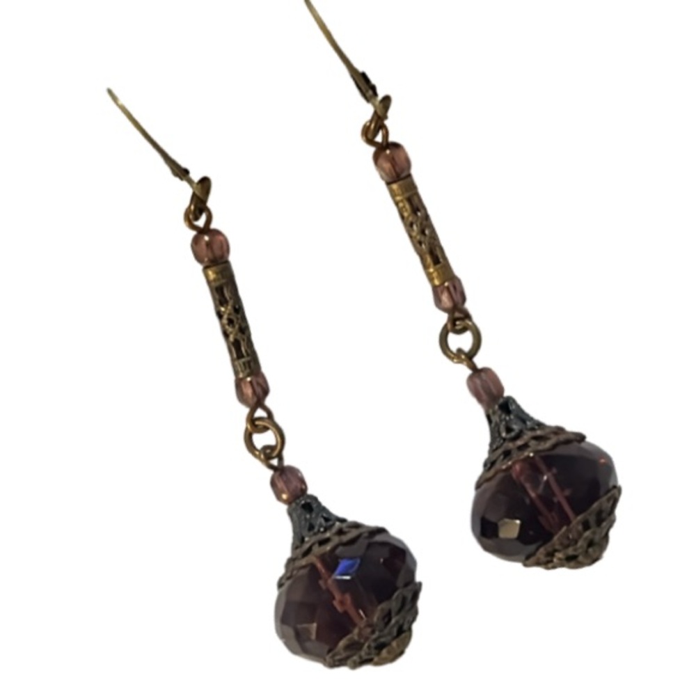 Antique Art Nouveau Bronze Filagree Purple Czech Glass Beaded Drop Earrings - Picture 3 of 15